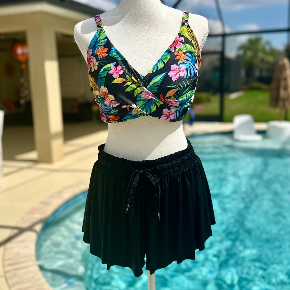 Aqua Eve, Underwire Push Up Bikini Top W/ Butterfly Swim Skorts, Size L